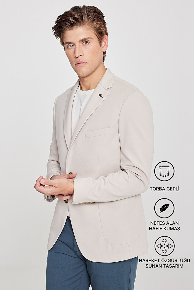 Erkek Bej Slim Fit Dar Kesim Mono Yaka Casual Blazer Ceket - 3