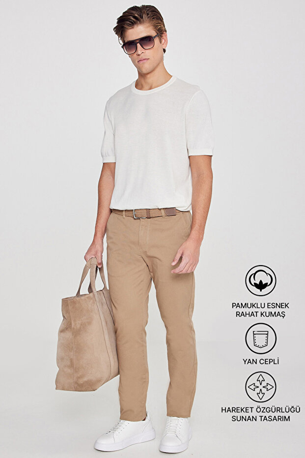 Men's Camel Canvas Non-Marking Slim Fit Slim Fit Side Pocket Flexible Casual Trousers