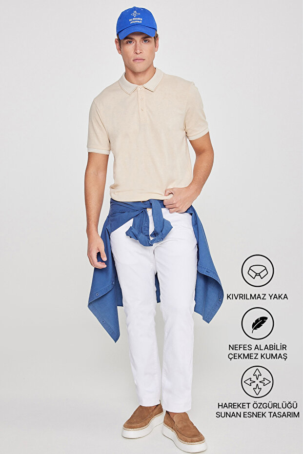 Erkek Çekmeyen Pamuklu Kumaş Slim Fit Dar Kesim Açık Bej-Beyaz Kıvrılmaz Polo Yaka Tişört - 3
