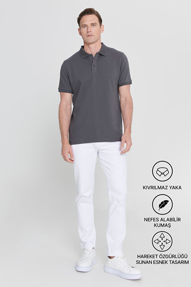 Erkek Antrasit %100 Pamuk Kıvrılmaz Pike Polo Yaka Slim Fit Dar Kesim Tişört - 3