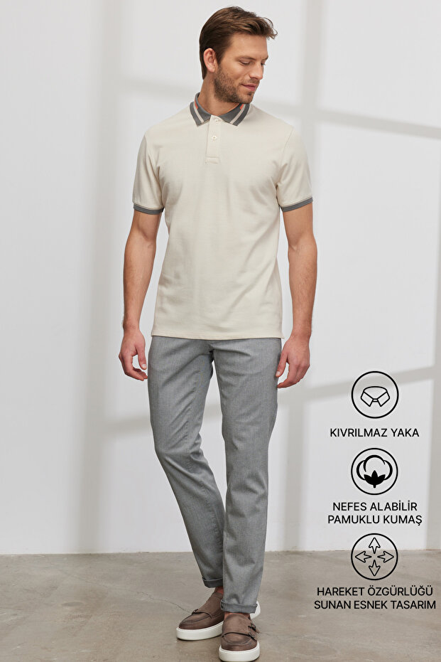Erkek Bej Slim Fit Dar Kesim %100 Pamuk Kıvrılmaz Polo Yaka Tişört - 3