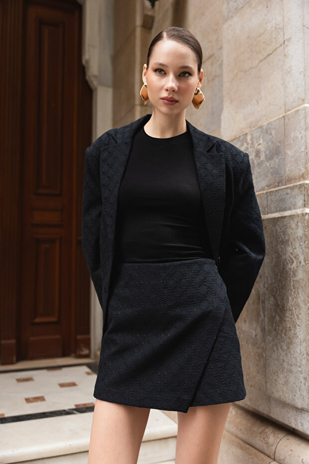 Siyah Kendinden Desenli Astarlı Oversiz Blazer Ceket TWOSS26BC00057 - 2