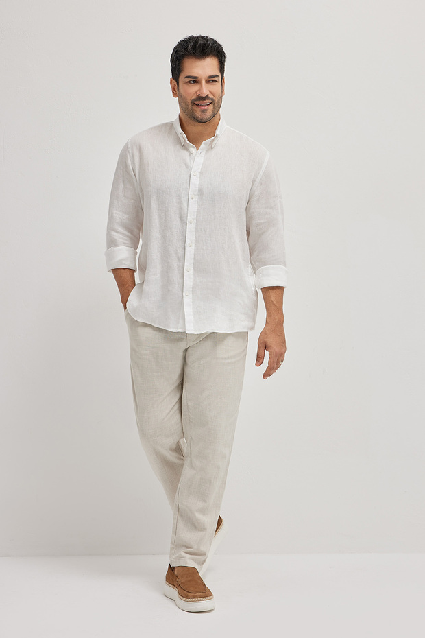 AC&Co / Altınyıldız Classics Erkek Taş %100 Pamuk Slim Fit Dar Kesim Beli Bağlamalı Yan Cepli Pantolon