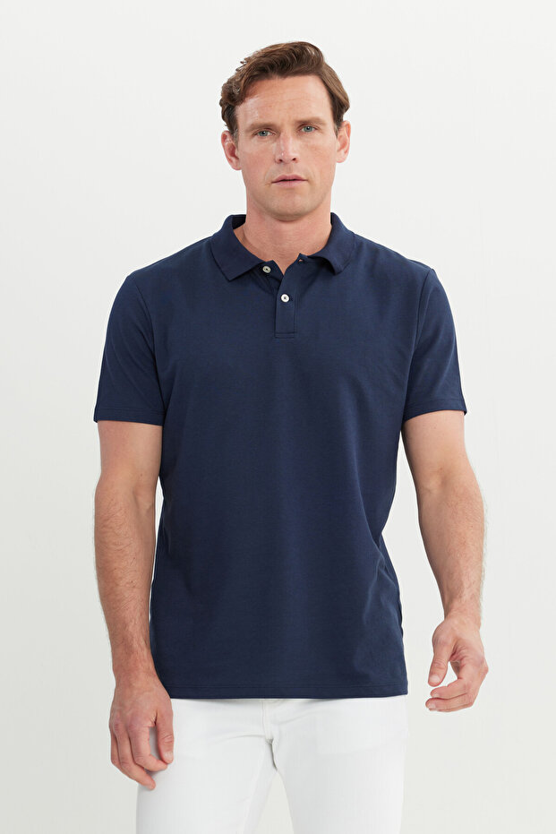 Erkek Lacivert Pamuklu Slim Fit Dar Kesim Polo Yaka Tişört - 3