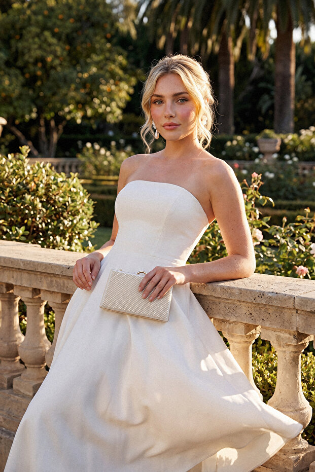Bridal Beyaz A-Kesim Straplez Dokuma Düğün/Nikah Abiye Elbise TPRSS24EL00139 - 4