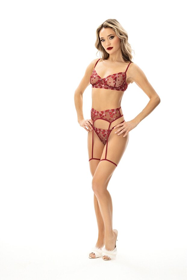 Bordo Brode Kalp Kapsız İç Çamaşırı Takımı THMSS26CC00035 - 3