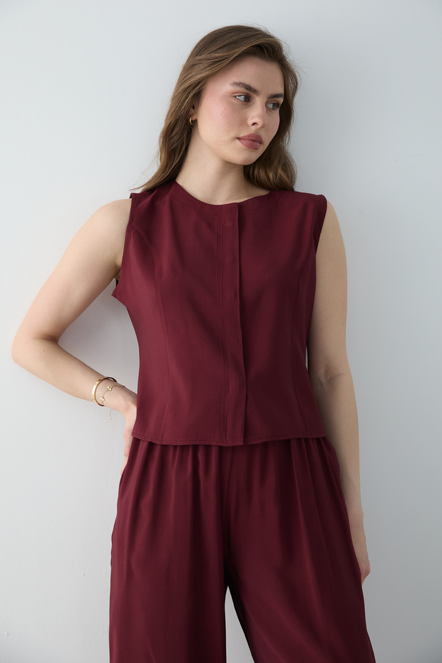 Bordo Modal Görünümlü Bluz Pantolon Dokuma Alt - Üst Takım TWOSS26AU00086 - 3