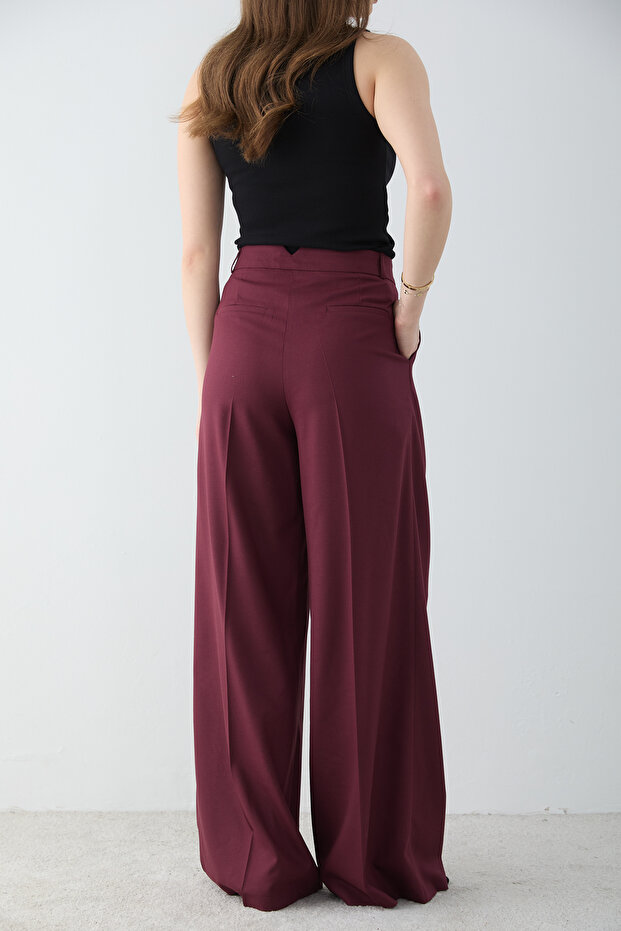 Bordo Geniş Paça Pileli Pantolon TWOSS26PL00228 - 5