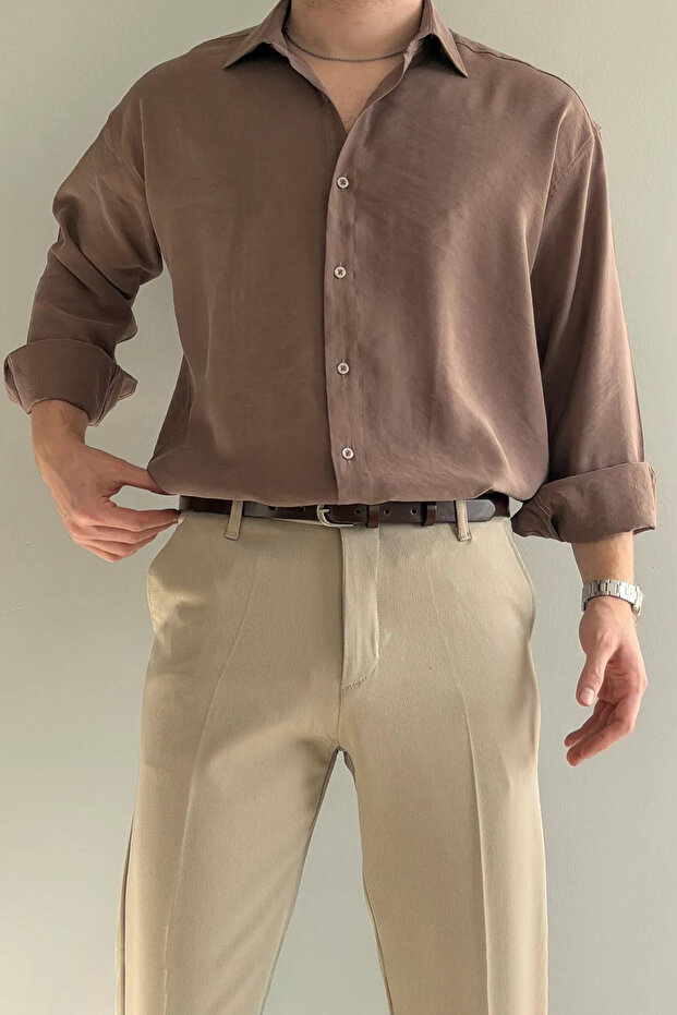Kahverengi Modal Yumuşak Dokulu Normal Kalıp/Regular Fit Yazlık Dokuma Erkek Gömlek TMNSS26GO00040 - 2