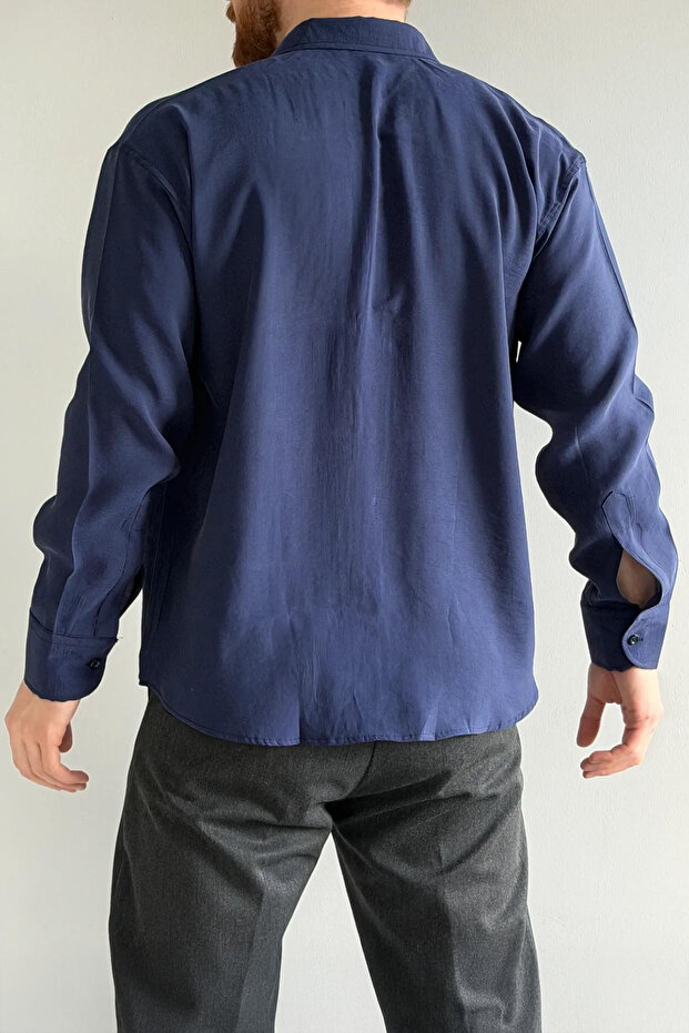 Lacivert Modal Yumuşak Dokulu Normal Kalıp/Regular Fit Yazlık Dokuma Erkek Gömlek TMNSS26GO00040 - 3