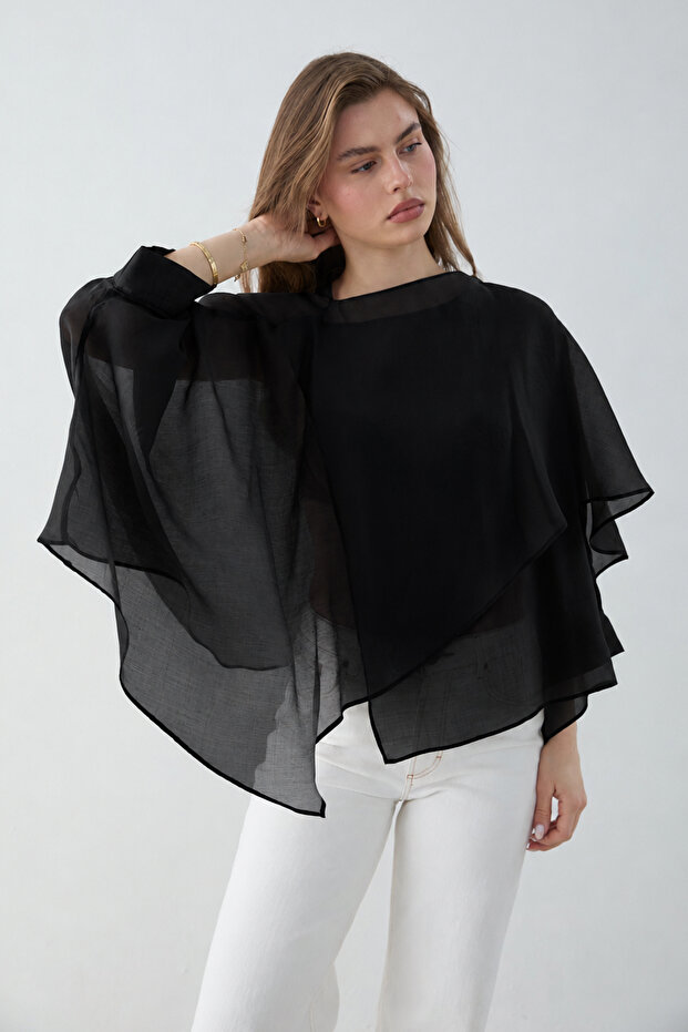 Siyah Oversize İnce Dökümlü Dokuma Bluz TWOSS26BZ00653 - 1