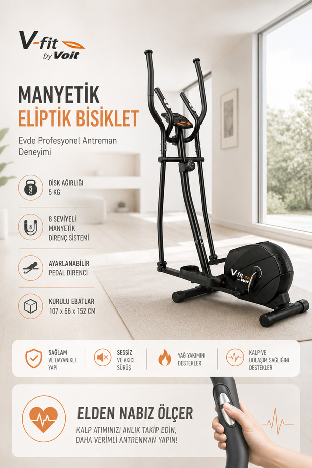 Voit V-fit By Voit Manyetik Eliptik Bisiklet Sessiz Çalışan Elden Nabız Ölçerli Kondisyon Aleti