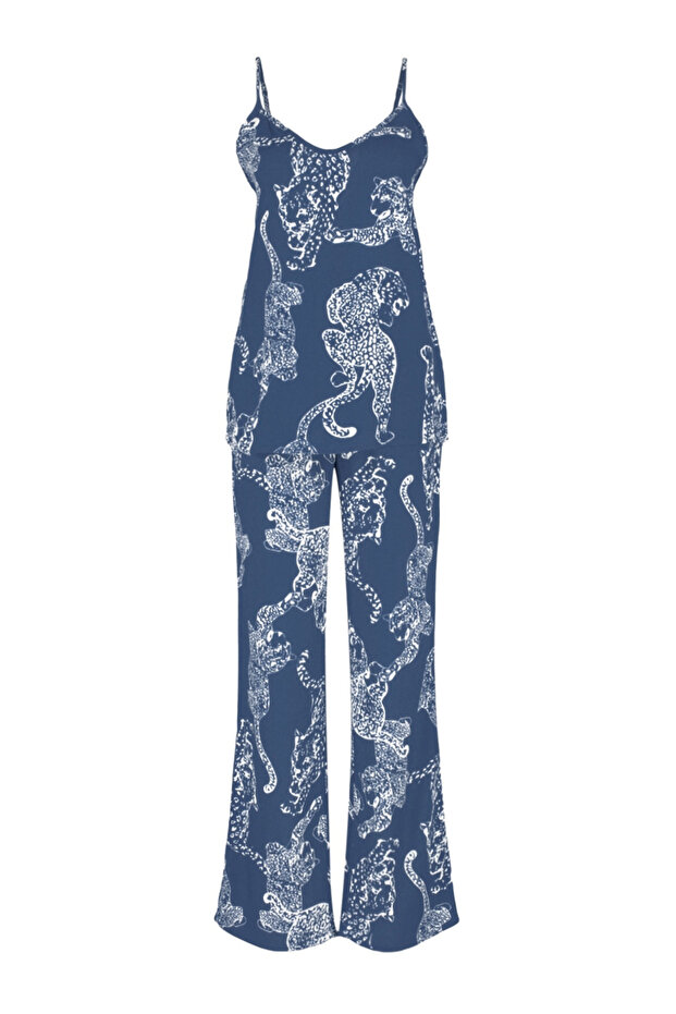 Lacivert Kaplan Desenli İp Askılı Viskon Dokuma Pijama Takımı THMSS24PT00127 - 7