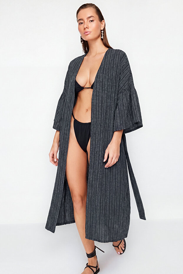 Siyah Dokuma Maxi Plaj Kuşaklı Kimono&Kaftan TBESS23KM00028 - 1