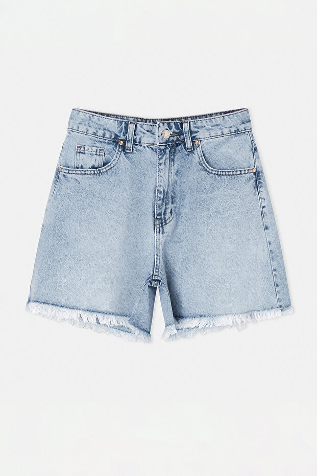Buz Mavisi Rahat Kalıp Yüksek Bel Denim Şort TDRSS26SR00016 - 4