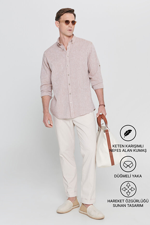 Erkek Camel Keten Comfort Fit Rahat Kesim Düğmeli Yaka Casual Gömlek - 1