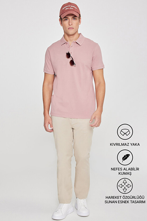 Erkek Gül Kurusu %100 Pamuk Kıvrılmaz Pike Polo Yaka Slim Fit Dar Kesim Tişört - 4