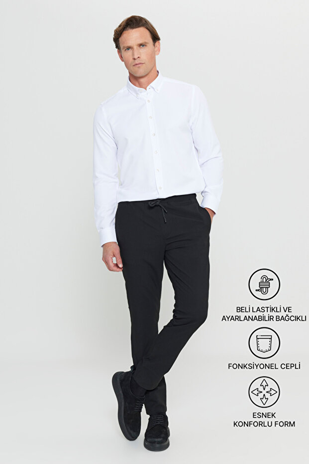 Erkek Siyah Diz İzi Yapmayan Beli Bağlamalı Yan Cepli Jogger Pantolon Slim Fit Rahat Kesim - 1