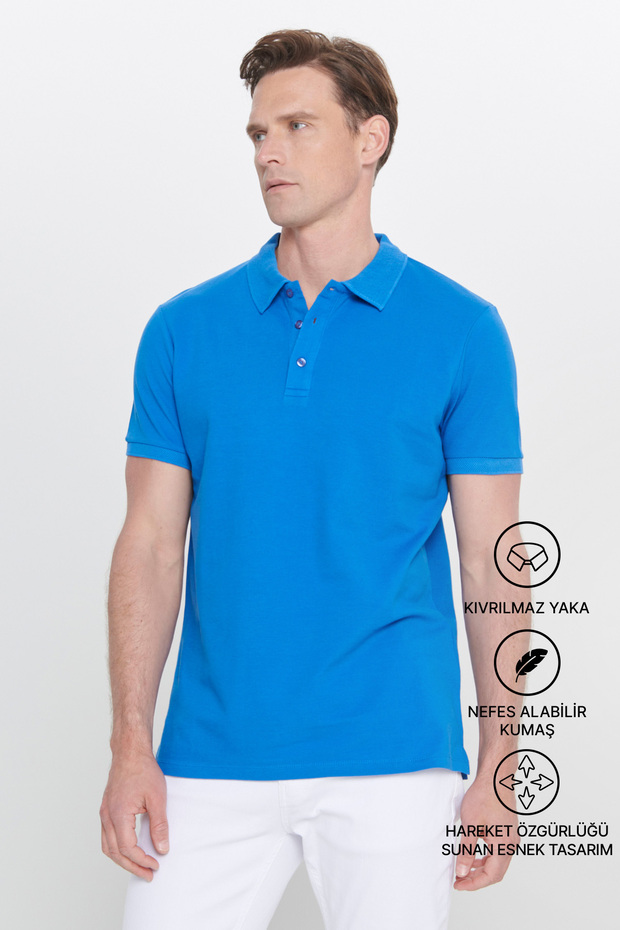 Erkek Royal Mavi %100 Pamuk Kıvrılmaz Pike Polo Yaka Slim Fit Dar Kesim Tişört - 5