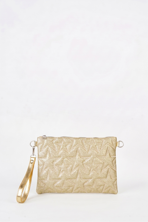 Women's Yellow Glittery Star Embroidered Faux Leather Portfolio Handbag and Clutch Bag with Chain Strap