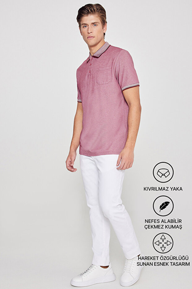 Erkek Çekmeyen Pamuklu Kumaş Regular Fit Rahat Kesim Bordo Kıvrılmaz Polo Yaka Cepli Tişört - 3