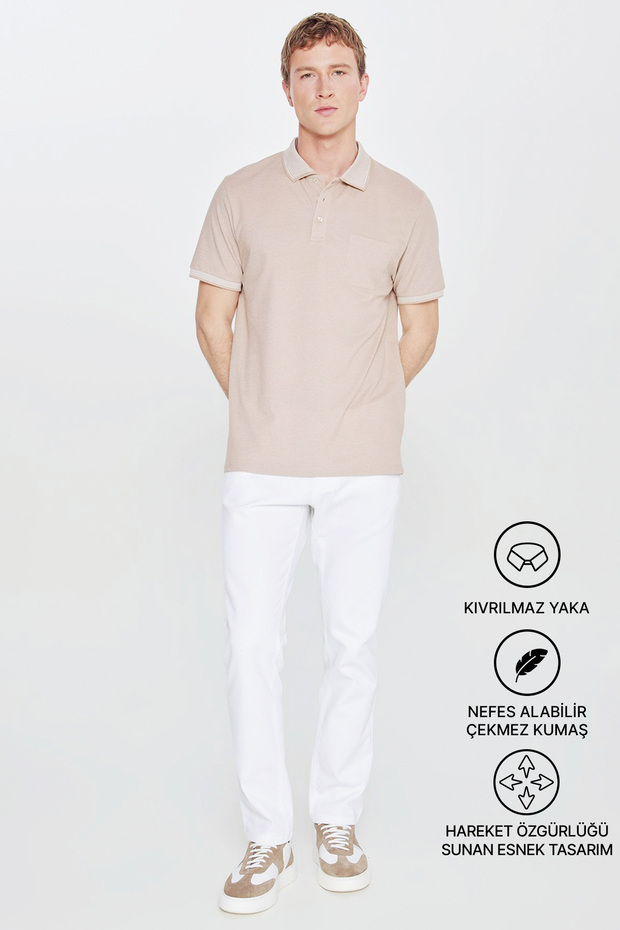 Erkek Çekmeyen Pamuklu Kumaş Comfort Fit Rahat Kesim Bej-beyaz Kıvrılmaz Polo Yaka Cepli Tişört - 2