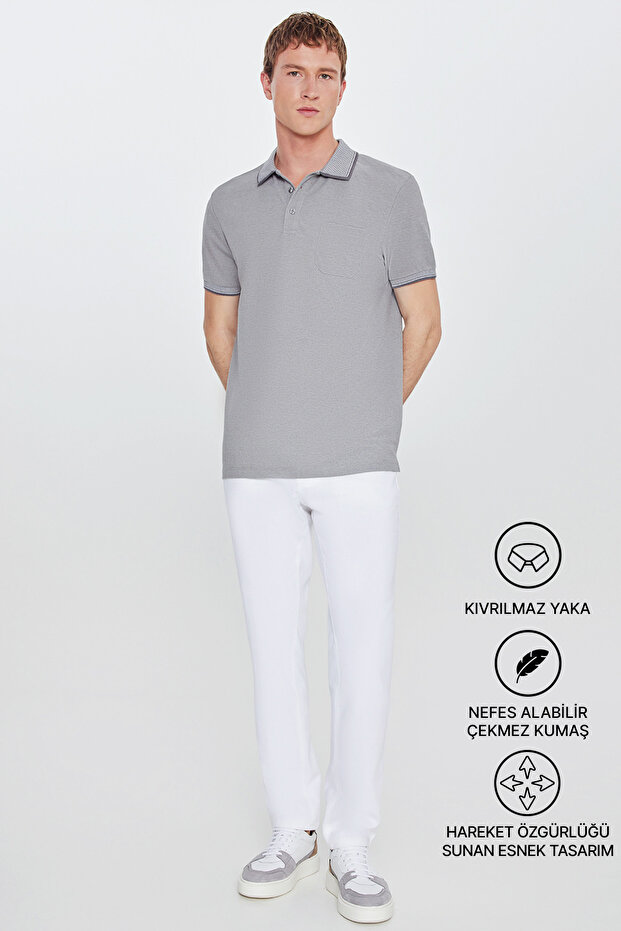 Erkek Çekmeyen Pamuklu Kumaş Regular Fit Rahat Kesim Gri Kıvrılmaz Polo Yaka Cepli Tişört - 2