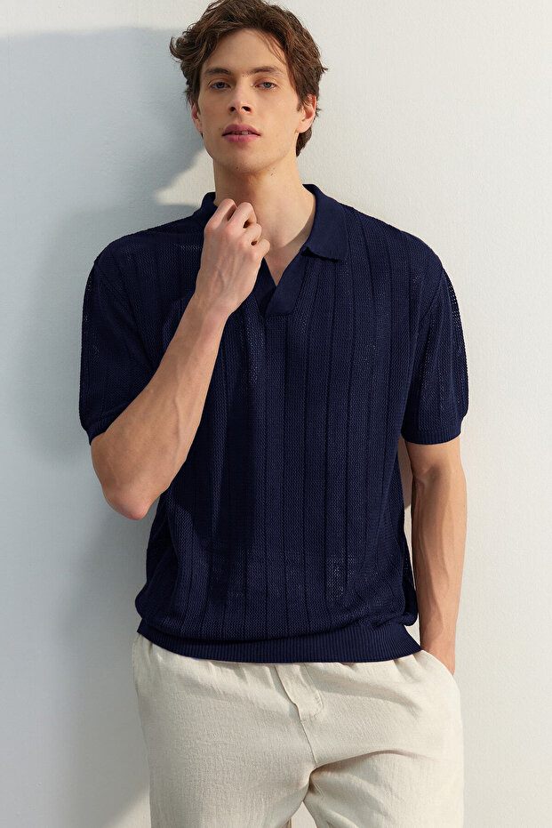Lacivert Relaxed Pamuklu Kısa Kol Polo Yaka Triko T-shirt TMNSS23PO00024 - 1
