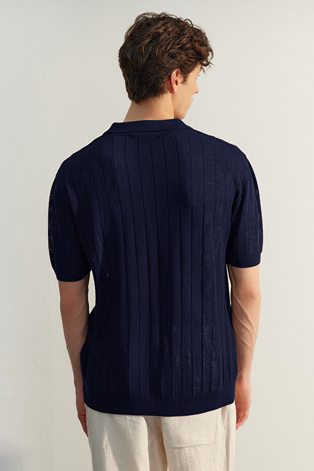 Lacivert Relaxed Pamuklu Kısa Kol Polo Yaka Triko T-shirt TMNSS23PO00024 - 4