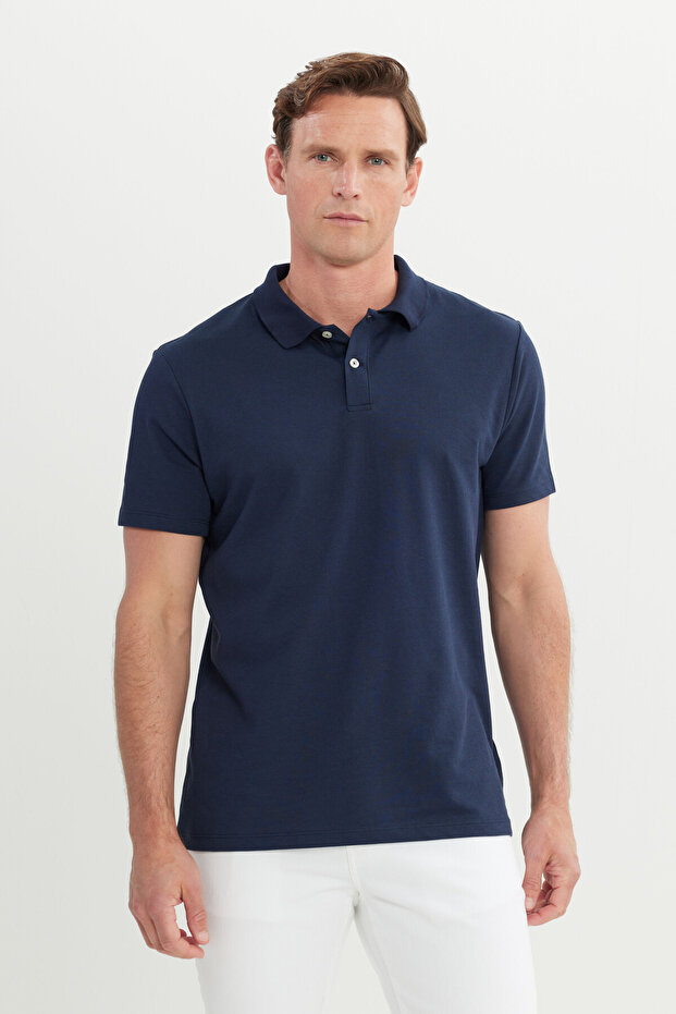 Erkek Lacivert Pamuklu Slim Fit Dar Kesim Polo Yaka Tişört - 4