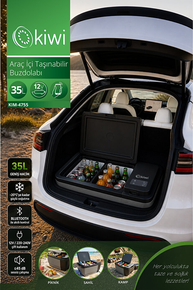 Kiwi KIM-4755 Tesla Uyumlu Araç İçi Taşınabilir Buzdolabı | 35L & -20C & 12V/220V & Bluetooth