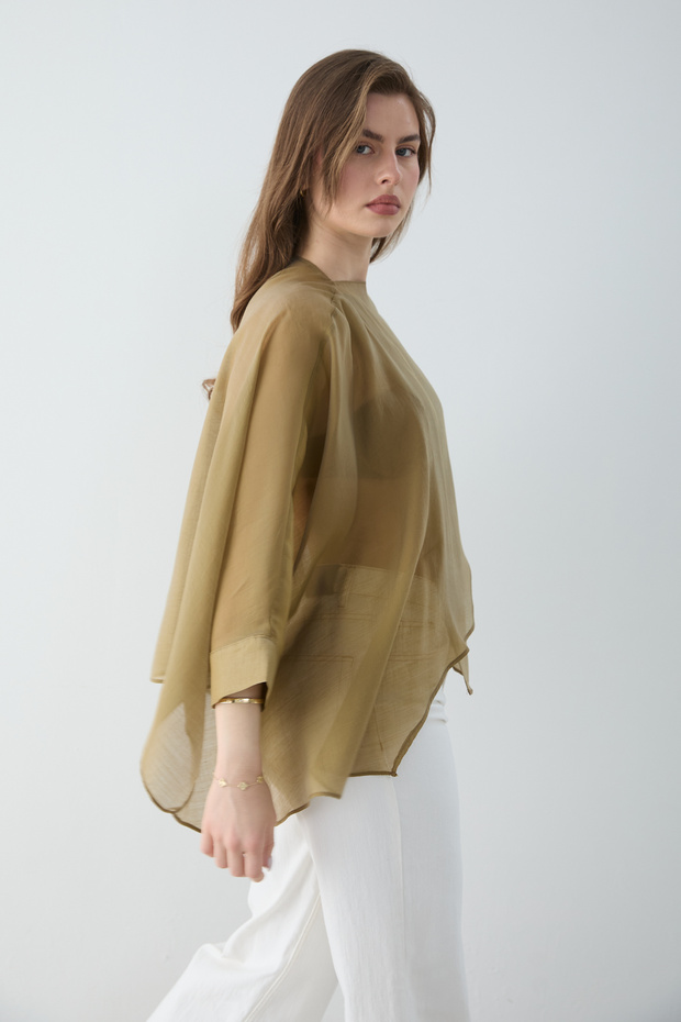 Yeşil Oversize İnce Dökümlü Dokuma Bluz TWOSS26BZ00653 - 4