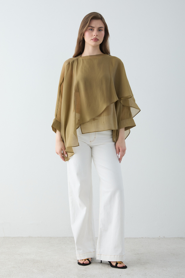 Yeşil Oversize İnce Dökümlü Dokuma Bluz TWOSS26BZ00653 - 2