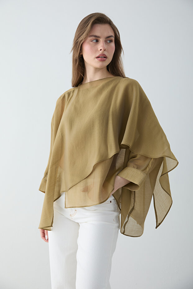 Yeşil Oversize İnce Dökümlü Dokuma Bluz TWOSS26BZ00653 - 3