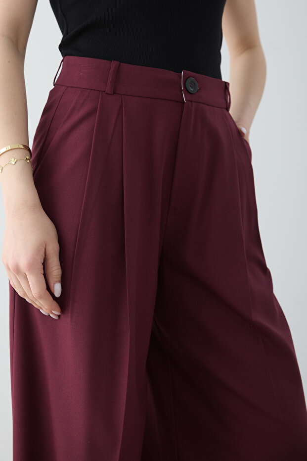 Bordo Geniş Paça Pileli Pantolon TWOSS26PL00228 - 4