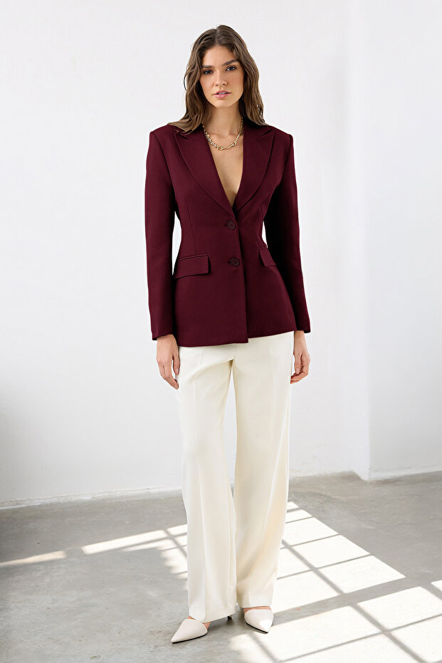 Bordo Fitted/Bele Oturan Dokuma Blazer Ceket TWOAW26BC00000 - 2