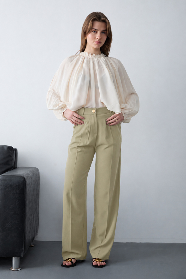 Açık Haki Yüksel Bel Geniş Paça Dokuma Pantolon TWOAW26PL00161 - 3