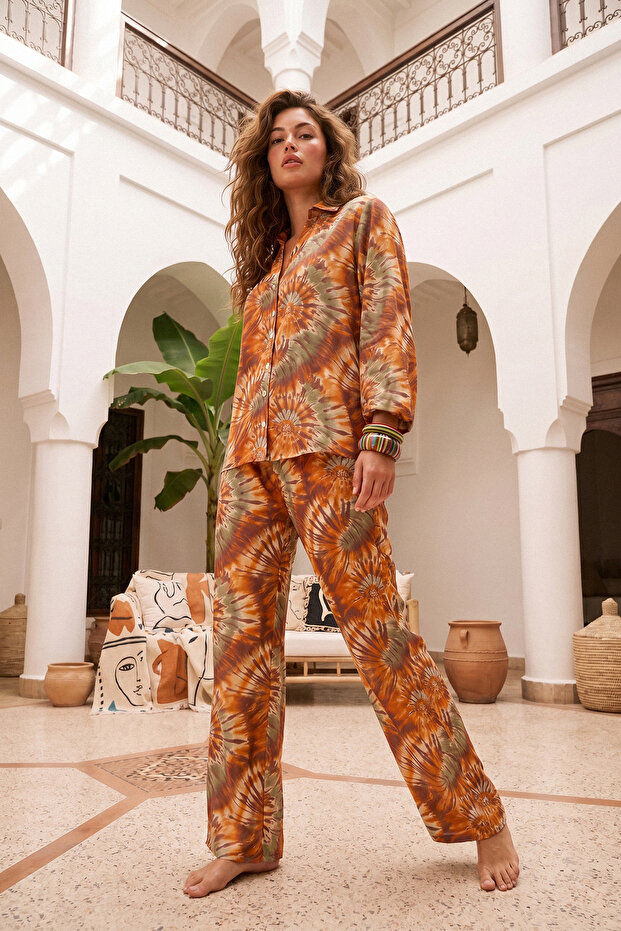 Batik Desenli Dokuma Oversize 100% Pamuk Plaj Gömlek Pantolon Takım TBESS26AU00050 - 5
