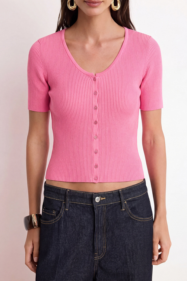 Pembe More Sustainable Basic V Yaka Bluz TWOSS26BZ00504 - 3