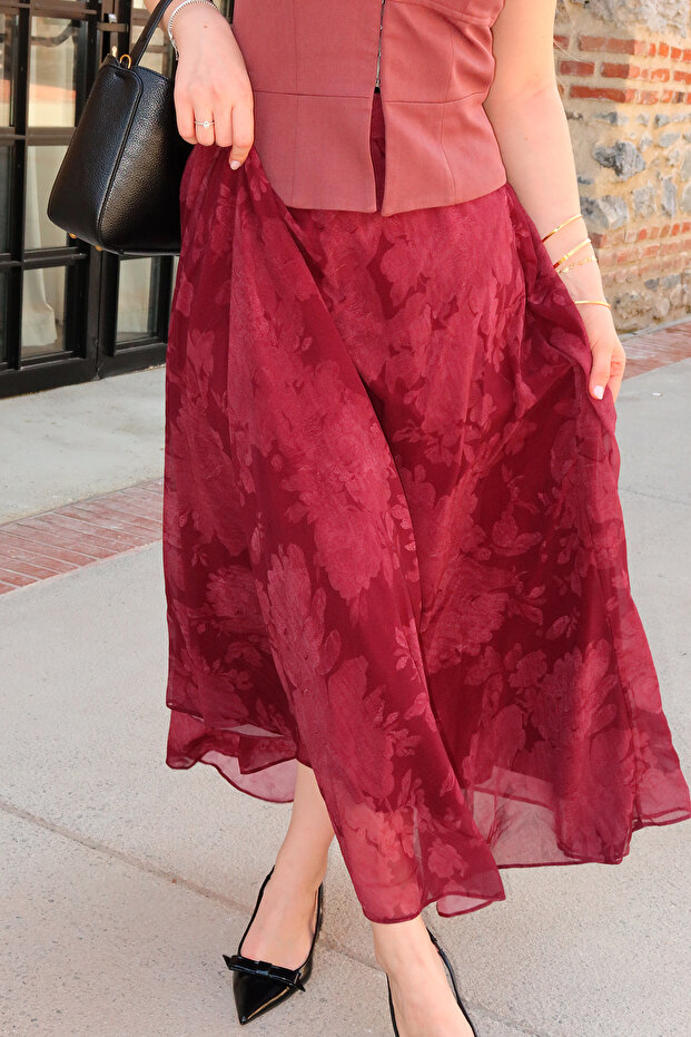 Women's Floral Pattern Lined Chiffon Maxi Skirt Burgundy