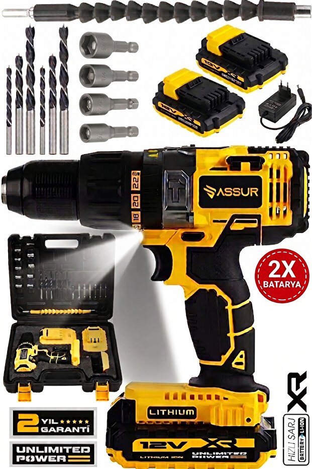 ASSUR 12V Çift Akülü Metal Şanzıman Taşıma Çantalı Led Işıklı Akülü Vidalama Şarjlı Matkap Seti