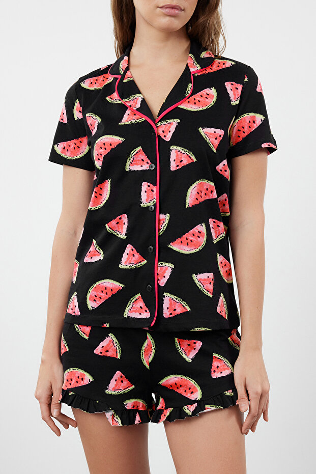 Kadın Couple/Çift Siyah %100 Pamuklu Karpuz Desenli Fırfırlı Şortlu Örme Pijama Takımı THMSS21PT0670 - 4