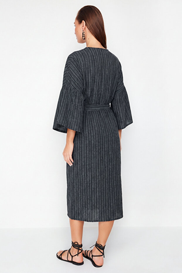 Siyah Dokuma Maxi Plaj Kuşaklı Kimono&Kaftan TBESS23KM00028 - 5