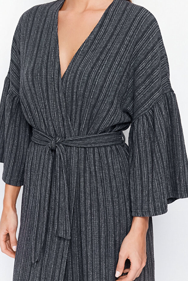 Siyah Dokuma Maxi Plaj Kuşaklı Kimono&Kaftan TBESS23KM00028 - 3