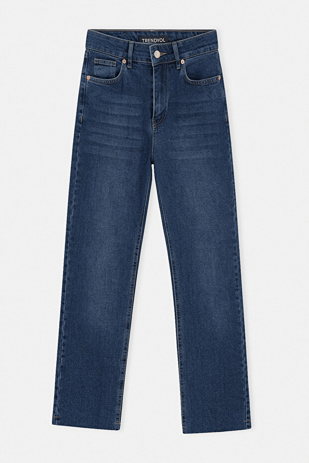 Lacivert Dar Kalıp Kesik Paça yüksek Bel Orta Likralı Denim TDRSS26PL00035 - 4