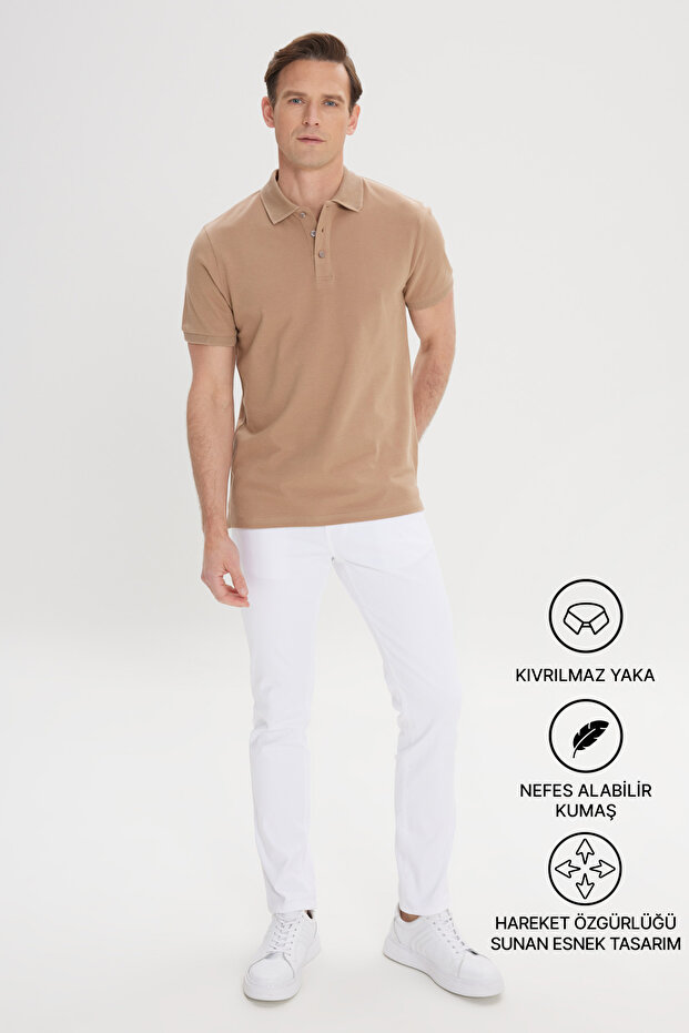 Erkek Vizon %100 Pamuk Kıvrılmaz Pike Polo Yaka Slim Fit Dar Kesim Tişört - 3