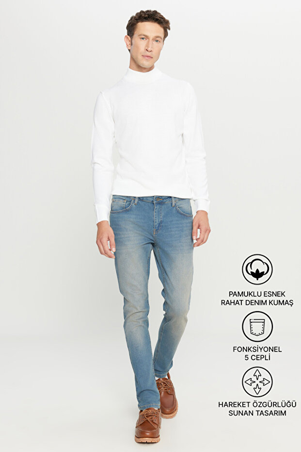 Erkek Petrol Mavisi Ekstra Slim Fit Dar Kesim Pamuklu Esnek Rıss Jean Kot Denim Pantolon - 4