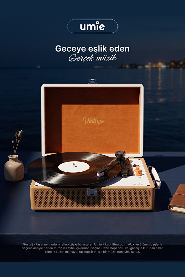 Umie Pikap Müzik Kutusu Vintage Nostaljik Retro Plak Iğne Dahil 3.5mm Bluetooth Aux Hoparlörlü Plak Pikap