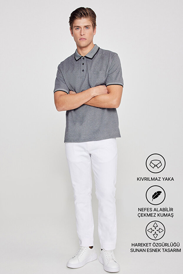 Erkek Çekmeyen Pamuklu Kumaş Regular Fit Rahat Kesim Siyah Kıvrılmaz Polo Yaka Cepli Tişört - 3