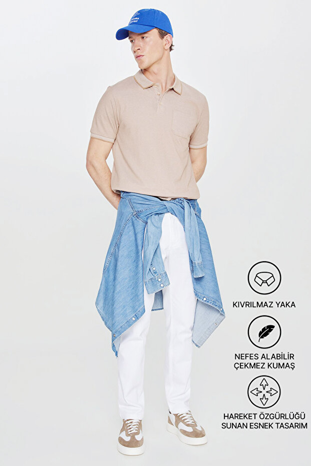 Erkek Çekmeyen Pamuklu Kumaş Comfort Fit Rahat Kesim Vizon Kıvrılmaz Polo Yaka Cepli Tişört - 2